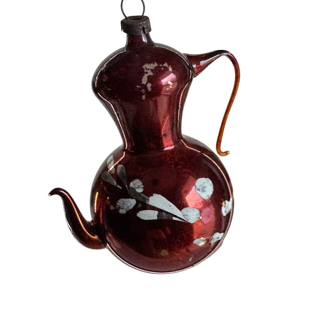 Antique German Mercury Glass Coffee Pot Ornament Cranberry Red Leaves 3 1/4"